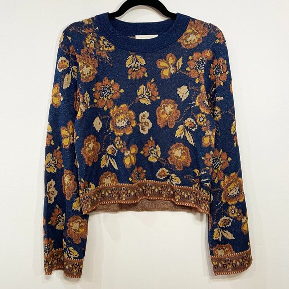 EUC Sezane Emna Glitter Floral Sweater Blue Brown Medium - Picture 3 of 9